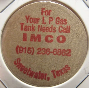 Vintage IMCO LP Gas Sweetwater, TX Wooden Nickel - Token Texas - Picture 1 of 2