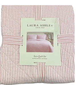 Laura Ashley Mauve Pink and White Striped Twin Quilt Set 68”x88” - Picture 1 of 4