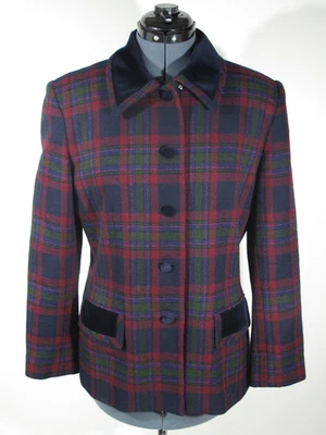 Chaqueta Blazer de Colección Años 90 Para Mujer Talla 10 Kasper ASL Rojo Verde Lana a Cuadros Borde Terciopelo Foto 1 de 4