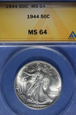 1944 年 ANACS MS64 50C 自由行走半美元 #B50782 — 第 1/2 张图片