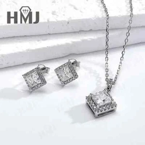 Princess Cut Earring Necklace Sets D Moissanite 925 Silver Valentine's Day Gift - Picture 1 of 9