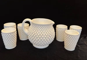 Vintage Fenton Hobnail Milk Glass Squat Jug Pitcher With 6 Tumbler Glasses - Picture 1 of 10