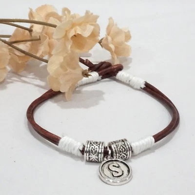 Initial Letter Charm Brown Leather One Of A Kind Boho Bracelet - Made in USA - Image 1 of 4