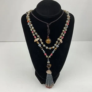 C 1946 Gemstone Beaded Tassel Pendant Necklace & 2 Stone Gift Necklaces Boho - Picture 1 of 10