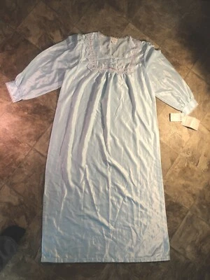 New Barbizon Lace Sz L Large  Embroidered  Blue Long Sleeve Nightgown Satin Feel - Image 1 of 4