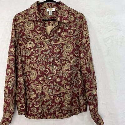 Camisa feminina floral Talbots paisley vintage 16 botões lã seda marrom creme EUA ESTADO PERFEITO - Imagem 1 de 4