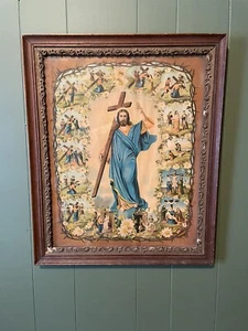 Antique German Color Litho Print Jesus & Stations of The Cross In Ornate Frame - Picture 1 of 8
