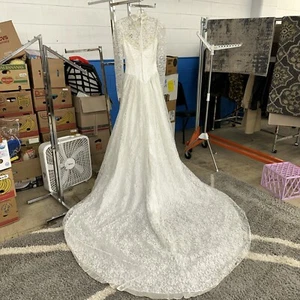Vintage traditionelles Langarm Spitze Perlen transparent Brautkleid Größe Small - Bild 1 von 9