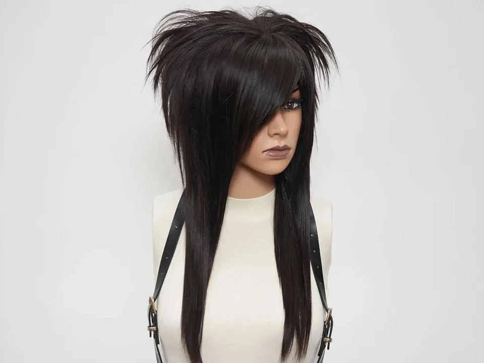 Brown Emo Wig Long, Alternative Scene Goth Wig, Chemo Alopecia Wig Side Bang - Image 1 of 4