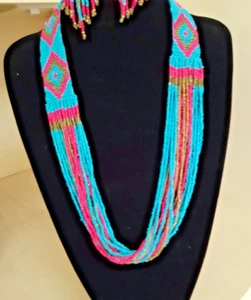 2 Handmade Necklace Seed Bead + Earrings Boho Style Native Beaded Multi Strand - Picture 1 of 10