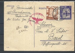 1942 GERMANY REICH CENSORED POSTAL STATIONERY CARD  FROM STARACHOWIC TO SWITZERL - Picture 1 of 2