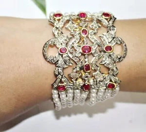 3.42ct Rose Cut Diamond 925 Sterling Silver Ruby Pearl Wedding Bracelet - Picture 1 of 13
