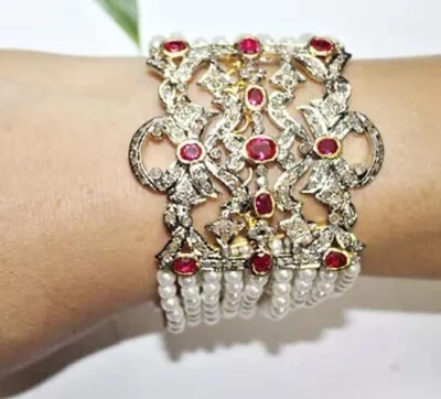 3.42ct Rose Cut Diamond 925 Sterling Silver Ruby Pearl Wedding Bracelet - Image 1 of 4