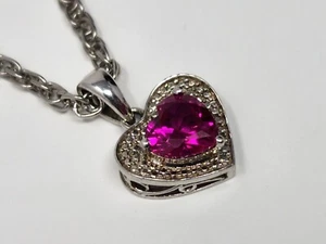 Sterling Silver Pink Stone Heart Pendant on Silver Tone Chain Necklace 18" - 21" - Picture 1 of 14