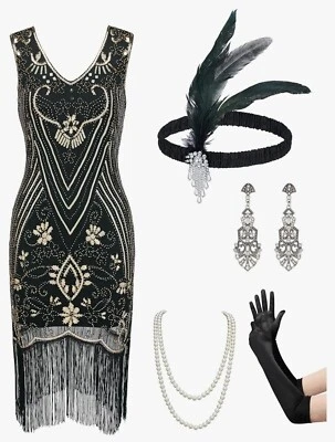 Vestido de fiesta años 20 flapper para mujer gran color Gatsby lentejuelas borla años 20  Foto 1 de 4