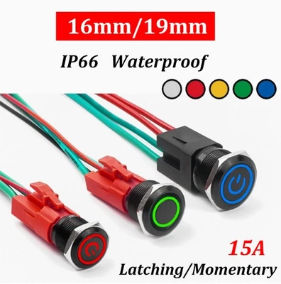 16/19mm LED Push Button Switch Momentary Latching On/Off Waterproof Metal 15A - Image 1 of 4