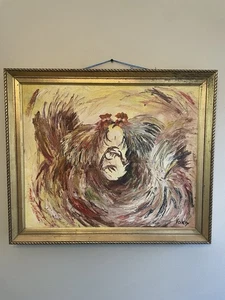 Vintage Kissing/Fighting Roosters Oil On Canvas 60s Spain Framed Art Signed mcm - Picture 1 of 10