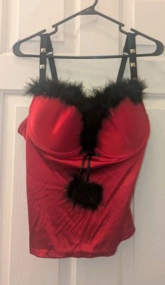 Torrid Bustier 尺寸 1 红色黑色紧身胸衣缎面羽毛  — 第 1/2 张图片