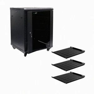 15U Wall Mount Audio Video A/V Rack Cabinet Glass Door Lock Casters and Shelves - Picture 1 of 4
