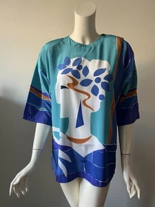 Malia Vintage 70’s Retro Hawaiian Blue Abstract Printed Polyester Blouse Top 6 - Picture 1 of 7