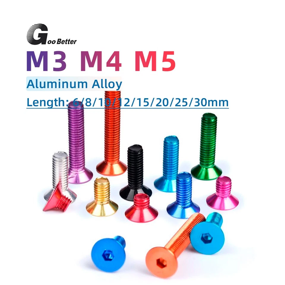 GOOBETTER M3 M4 M5 Aluminum Alloy Countersunk Bolts Allen Socket Screws Anodized DIY Model