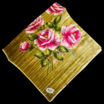 Pañuelo Floral Vintage Colette Estampado a Mano Rosas + Pegatina Sin Usar 16" LEER Foto 1 de 4