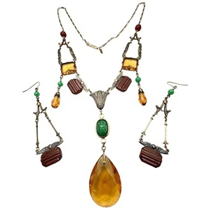 Vintage Sadie Green Art Deco Revival Amber Glass Scarab Necklace Earrings Set - Picture 1 of 3