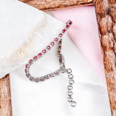 Ruby & Cubic Zirconia Tennis Layering Bracelet In 925 Silver Adjustable Bracelet - Image 1 of 4