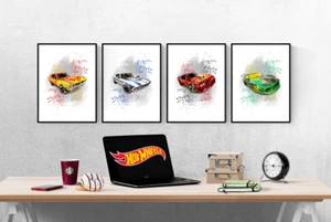Hot Wheels Sportwagen Aquarell Splash 4er Set Drucke Bilder Kunstposter - Bild 1 von 5