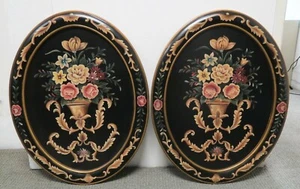 Two Oval Wood Panel Decorative Floral Paintings - Picture 1 of 4