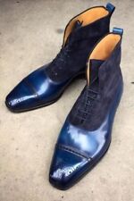 Handmade Men's Blue Leather,Suede Derby Lace Up Brogue Toe Cap Dress Ankle Boots