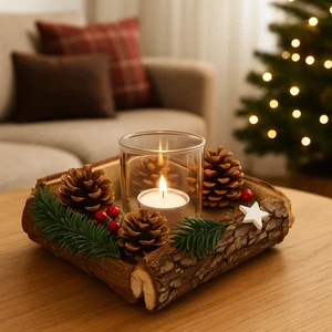 Arreglo de Adviento con decoración conos de abeto bayas borde de madera 1 candelabro de vidrio - Imagen 1 de 10