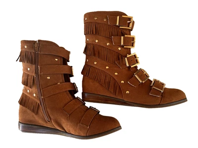 Botas Joan Boyce Marrón Castaño Gamuza Flecos Estilo Mocasín Hebilla Dorada Talla 6.5M Foto 1 de 4