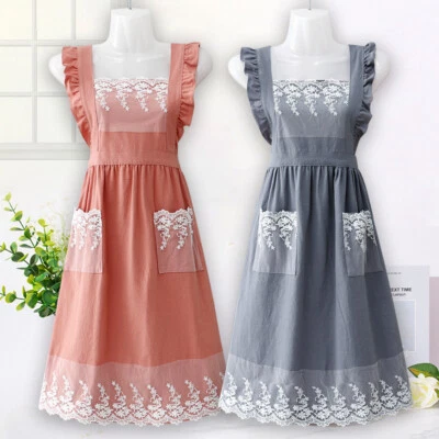 Dama Mezcla Algodón Delantal Calzoncillo Encaje Retazos Bolsillo Pintura Hornear Café Uniforme Foto 1 de 4