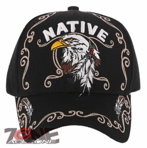 NUOVO! CAPPELLO BERRETTO BASEBALL NATIVE PRIDE EAGLE VISIERA LATERALE PIUME NERO - Foto 1 di 4