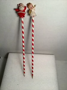 Flocked Santa And Angel On Red & White Christmas Pencil Vintage - Picture 1 of 13