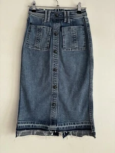 AJE Ladies Denim Skirt Sz 4 Midi Blue Raw Hem Mid Wash Pockets Slim Fit Classic - Picture 1 of 15