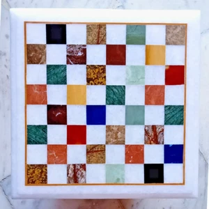 White Marble & Multi Color Stone, Chess Board, Chess Set Top, Gifts For Him - Picture 1 of 8