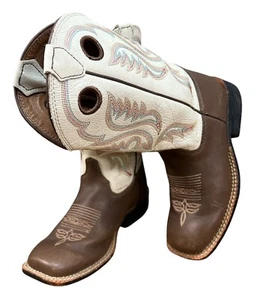 JUSTIN BOOTS Square-Toe Brown/White 12D Kids Cowboy 301 JR Chocolate Brown - Picture 1 of 16