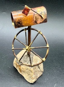 1982 Kurt Young Copper Brutalist Sculpture Stone Rustic Mailbox Wagon Wheel 4" - Picture 1 of 9
