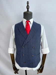 SuitSupply Pierre DB Waistcoat Vest Peak Lapel Wool Blue custom made US size 38S - Picture 1 of 22