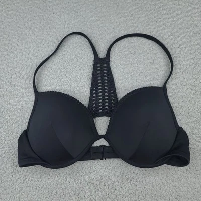Top de bikini de natación Victorias Secret The Fabulous macramé crochet negro para mujer 36D Foto 1 de 4