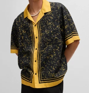 Hugo Boss Oversize-Fit Shirt In A Printed Cotton Blend Gold Black L Button Front - Picture 1 of 12