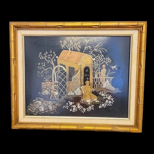Vintage Chinoiserie Framed Chinese Art Gold Bamboo Frame Decorative Painting - Picture 1 of 16