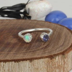 Anello regolabile bambina argento 925 pietra preziosa opale etiope naturale iolite e - Foto 1 di 5