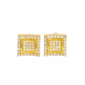 Men's Iced Gold Silver Plated Pave Large Block Caved Screw Back Earrings SHS 605 - Picture 1 of 6