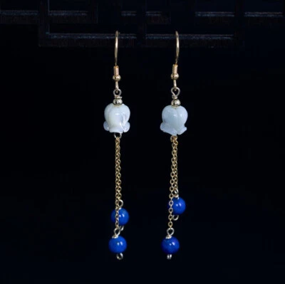 I04 Orecchini Argento 925 Placcato Oro Fiore Di Guscio E Sfere Di Lapislazzuli - Immagine 1 di 4