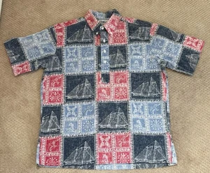 Reyn Spooner Hawaiian Shirt Pullover 1/4 Button Red Blue Sailboat Bird Print L - Picture 1 of 4