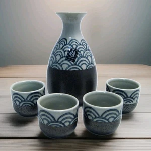 Japanese Sake Carafe & 4 Cups Blue Ocean Waves Design Glazed Ceramic 5 PC Set - Picture 1 of 8