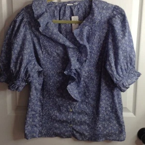 NWT GAP "XL" Ruffles, Floral Peasant Blouse, V-Neck, Pleated Tuxedo Look, Chic - Picture 1 of 5